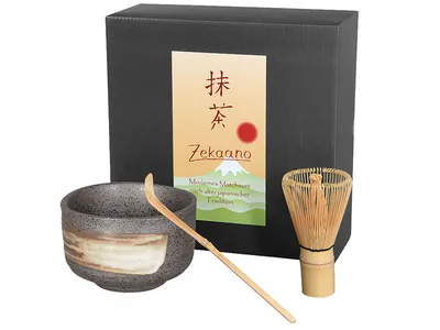 Produktbild von Matcha Set / Matchaset mit japanischer Matcha Schale 390ml anthrazit/beige, Besen, Löffel in Geschenkbox