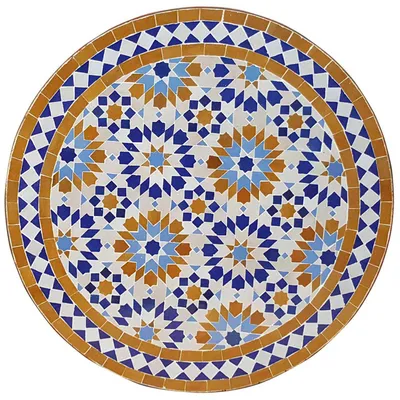 Produktbild von Handgelegter runder Mosaiktisch Blau-Ocker aus Metall Ø 60 cm, Höhe 75 cm
