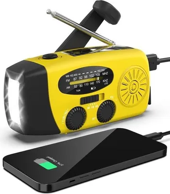 Immagine prodotto di Radio portatile a manovella con caricatore solare 2000mAh Power Bank ricaricabile per emergenza Torcia LED SOS allarme (giallo)