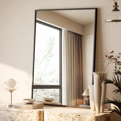 Immagine prodotto di Specchio da parete rettangolare, 71x51 cm - Specchio da bagno con cornice in alluminio nero - Specchio da parete infrangibile - Alluminio resistente - Design minimalista