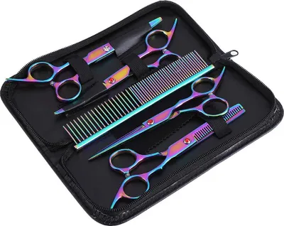 Immagine prodotto di Forbici per animali domestici, set di forbici per la toelettatura di cani e gatti, in acciaio inox, forbici per pellicce colorate, 7 pezzi, 17,5 cm (6,9 pollici), taglio dei capelli per la rifinitura