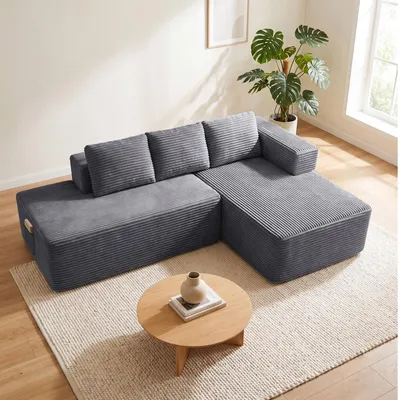 Immagine prodotto di Divano componibile modello Ecksofa, con funzione letto, 228 cm, rivestito in velluto. Divano modulare "Boneless" con chaise longue e struttura in metallo per lo schienale. Divano a forma di L con funzione letto e struttura aperta
