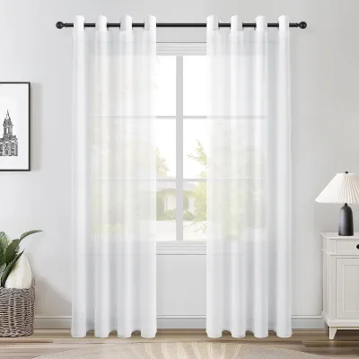 Image de Rideaux pour le salon, rideaux à anneaux, blancs, semi-transparents, aspect lin moderne, rideaux pour la chambre d'enfant, rideau court 215 x 140 cm (H x L), lot de 2