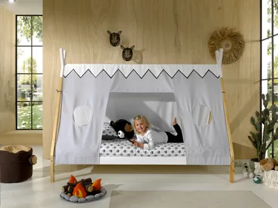Produktbild von Vipack - Tipi Zelt Bett Liegefläche 90 x 200 cm, inkl. Rolllattenrost und Textilzeltdach, Ausf. Kiefer massiv natur/weiß