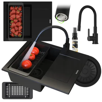 Immagine prodotto di Granitan - Lavello in granito - Lavello da cucina - 57x47 cm - Nero - con accessori - Lavello - BELLO