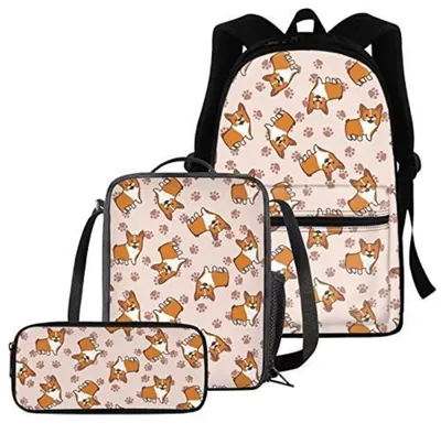 Obrázek produktu pro Sada školních tašek, 3 kusy: batoh, obědová taška a pouzdro, růžový design s motivem corgi