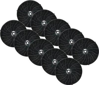 A collection of round, black carbon filters arranged in a diagonal pattern on a white background.