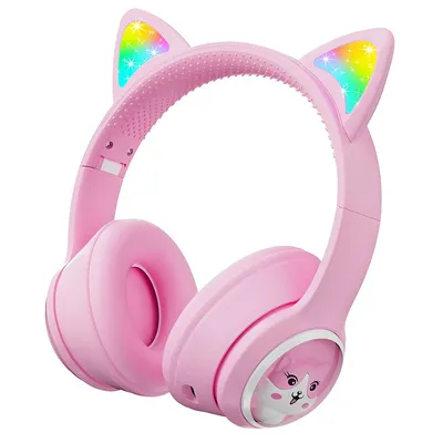 Produktbild von Faltbare Bluetooth Kopfhörer für Kinder, Over-Ear 85 dB, kabellos, LED-Katzenohren, Mikrofon – ideal für Lernen & Spielen