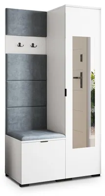 Produktbild von Masseno Garderobe-Set VIRA 95/181/51 cm Modern Garderobenschrank Weiß, Veloursstoff MONOLITH 85 (Grau)