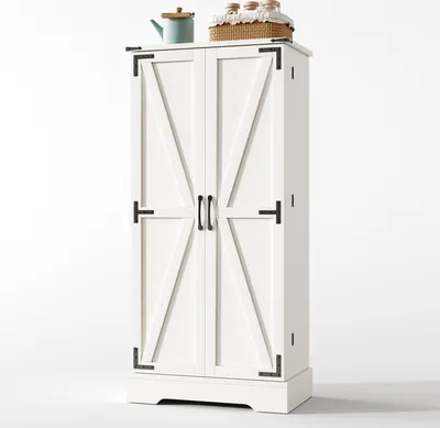 Produktbild von Flieks Hochschrank mit LED 60x35x128.5 cm, Küchenbuffet Speiseschrank im Landhausstil, Küchenschrank Sideboard mit Verstellbaren Ablagen, weiß