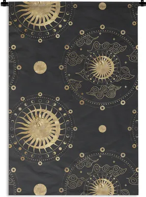 Produktbild von MuchoWow® Wandteppich Wandbehang Muster - Sonne - Mond - Gold 60x90 cm Tapisserie Dekoration Wandtuch - Foto-Teppich - Abwaschbar