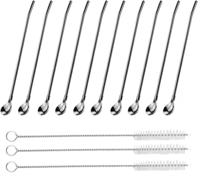 Immagine prodotto di Cannucce - Set da 10 - Cucchiaini - Acciaio inossidabile - Cannucce riutilizzabili con 3 spazzole per la pulizia - Adatte per bere frappè