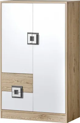 Produktbild von Furniture24 Kommode NICO 07, Schrank, Hochschrank, Mehrzweckschrank, Highboard mit 2 Türen und 2 Schubkasten Hell Eiche/Weiß/Grau