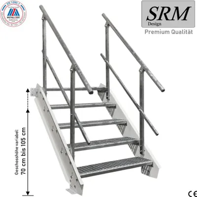 Zdjęcie produktu dla 5-stopniowe schody stalowe białe Szerokość 80 cm Wysokość podłogi 70 - 105 cm 2x poręcze