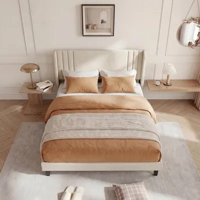 Image de Lit en lin beige UnboxG 140 x 200 cm avec tête de lit encastrée, lit rembourré robuste avec sommier à lattes en bois, silencieux et stable, pour chambre à coucher et chambre d'adolescent