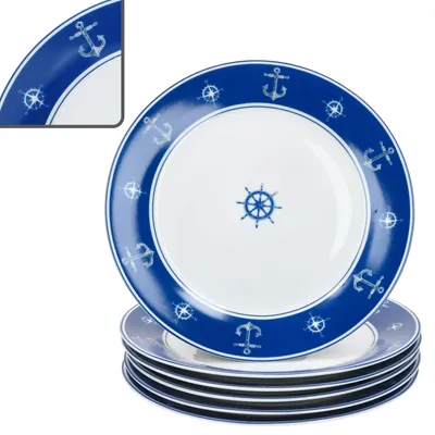 Obrázek produktu pro Ahoi sada 6 talířů námořní talíře velké porcelánové 6 osob kotva