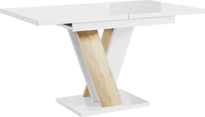 Produktbild von MEBLINI Esstisch Ausziehbar - Esszimmertisch Modern - Küchentisch - Säulentisch - Ausziehtisch - Dining Table - Esszimmertische - 120-160x80x75cm - MASIV - Weiß Hochglanz/Sonoma Eiche