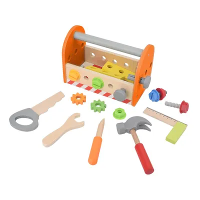 Immagine prodotto di Set di attrezzi in legno per bambini NEO TOOLS, cassetta degli attrezzi, sega, chiave, 2 listelli, ferro angolare, martello, cacciavite a taglio, 2 rivetti, 2 ruote dentate, 4 viti, 4 dadi,