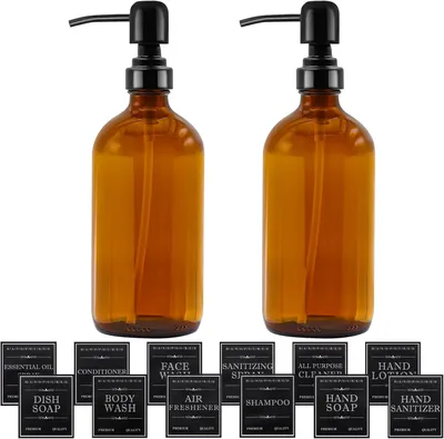 Immagine prodotto di Distributore di sapone - Distributore di sapone - Marrone - 500 ml - Con pompa in acciaio inossidabile e etichette - Dispenser per sapone per cucina - Bagno