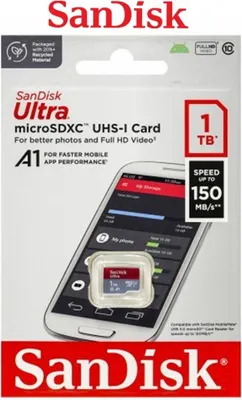 Immagine prodotto di Scheda di memoria SanDisk Ultra Android microSDXC UHS-I da 1 TB + adattatore (per smartphone e tablet, A1, Classe 10, U1, video Full HD, fino a 150 MB/s)