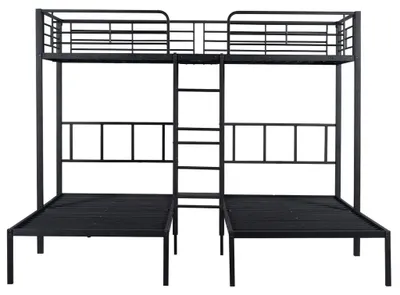 Productafbeelding van Drielaags stapelbed - Stapelbed voor kinderen en jongeren - 3 x 90 x 200 cm - Metaal - Met ladder - Veiligheidshek en tafel - Zwart