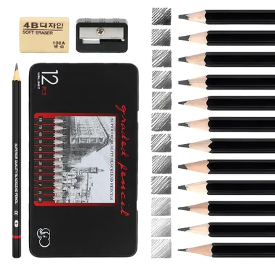 Zeichenstift-Set 15-teilig, Skizzenstifte, Radiergummi, Anspitzer, Etui