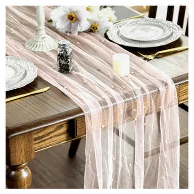 Produktbild von Rosa Tüll mit Perlen Tischläufer 70x300 cm, Tischdekoration für Küche und Innenräume, für Hochzeiten, Geburtstagsfeiern und Partys