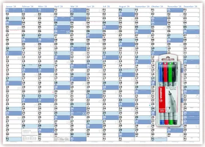 Produktbild von XL Wandkalender DIN A1 2026 blau, nass abwischbar inkl. Stifteset Kalender Format 59,4 x 84,1cm Jahresplaner Wandplaner gerollt