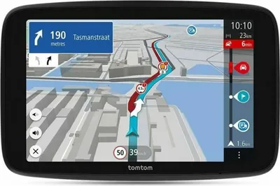 A TomTom GPS navigation device displaying a map and route.