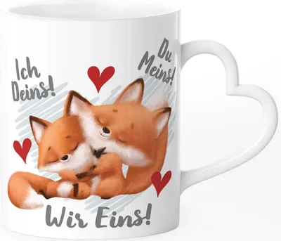 Produktbild von Tasse mit Herz-Henkel Spruch Ich Deins Du Meins Wir Eins Geschenk Liebe Valentinstag Jahrestag Fuchs SpecialMe® weiß Herz-Tasse