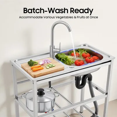 Immagine prodotto di Lavello da cucina – Lavello indipendente – Acciaio inossidabile – Vasca singola – Con rubinetto – Per cucina esterna – 75 × 40 × 78 cm