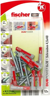 Produktbild von Fischer DuoPower, Schrauben- & Dübelsatz, Mauerziegel, Beton, Gipsfaserplatten, Gipskarton, Nylon, Grau, Rot, 6 mm, 30 mm