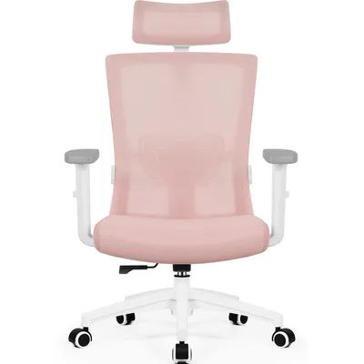 A pink ergonomic office chair with a headrest and adjustable armrests, shown from the front on a white background.
