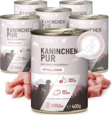 Produktbild von REAVET Premium Hunde Nassfutter - Kaninchen Pur 6 x 400g I Reines Muskelfleisch, Hypoallergen, ohne Getreide & Zusätze, Hundenassfutter sensitiv für Allergiker