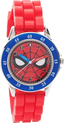 A close-up studio shot of a Spiderman-themed children's watch.
