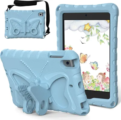 Image de Étui pour enfants pour iPad mini 5/mini 4/mini 3/mini 2/mini 1, étui antichoc léger en EVA avec bandoulière et support papillon Bleu clair