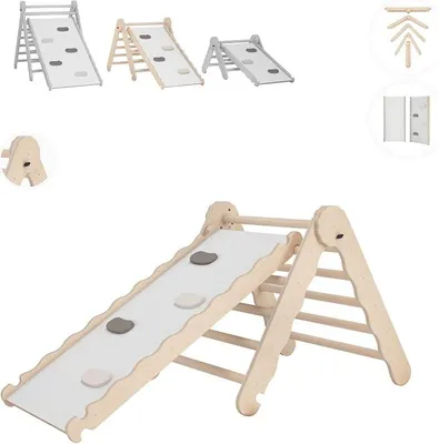 Produktbild von Klettergerüst Indoor, Kletterdreieck mit Rutsche aus Holz, Kletterturm mit Rutschbrett, Kletterbogen, Regenbogenwippe, Montessori Spielzeug