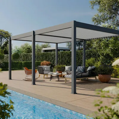 Produktbild von Freistehende bioklimatische Pergola aus Aluminium, 19 m² - Grau – Lamellen verstellbar von 0 bis 120°