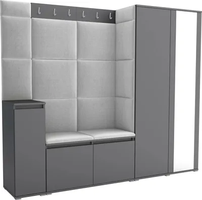 Produktbild von Garderoben-Set Noris VIII mit Spiegel, gepolsterte Garderobe 145 cm mit Schuhkommode, Wandpaneelen und Sitzbank (Farbe: Anthrazit+ Trinity 32)