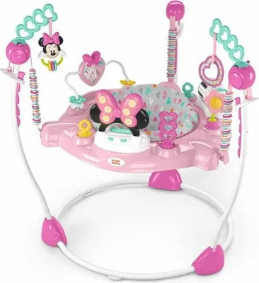 A pink Minnie Mouse themed baby jumper or activity center.