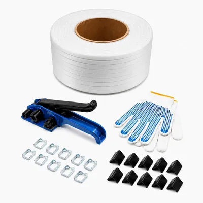 Produktbild von LastWerk Verpackungswerkzeug-Set – manuelles Polyester-Umreifungs-Set mit Spanngerät (Metall/Kunststoff), 1x 850 m Band, 500 Stahlklemmen, 100 Kantenschützer, Handschuhe, 15 kg