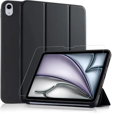 Produktbild von CLM-Tech Tablet Hülle + Panzerglas kompatibel mit iPad Air 11 Zoll M4/M3/M2 (2026/2025/2024) - Tasche aus Kunstleder - Schutzhülle schwarz mit Folie