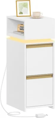 Produktbild von Kleine Nachttische mit LED-Beleuchtung und Schubladen – Modern, weiß – Beistelltische für Schlafzimmer und Wohnzimmer