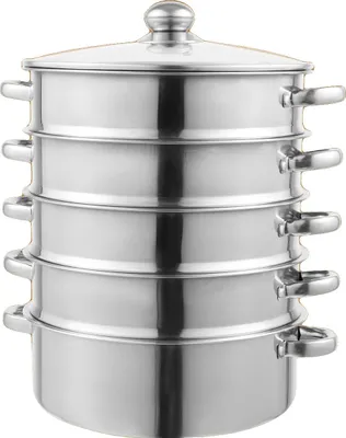 Image de Cuiseur à vapeur en acier inoxydable, 5 niveaux, capacité de 15 kg par niveau, taille totale 35 x 39 cm, lavable au lave-vaisselle, surface polie