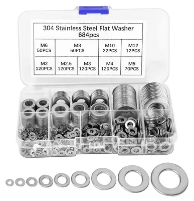 Produktbild von Edelstahl-Unterlegscheiben-Set mit Sortimentsbox, 9 verschiedene Größen M2, M2,5, M3, M4, M5, M6, M8, M10, M12, flache Sicherungsringe, Unterlegscheiben für Schrauben und Muttern