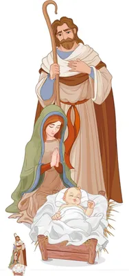 A nativity scene illustration featuring Mary, Joseph, and the baby Jesus in a manger.