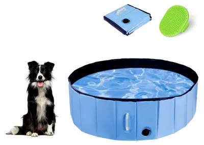 Produktbild von Faltbarer Hundepool für große Hunde, Planschbecken mit Haltegriff und Hundepflegebürste, Blau, 120x30 cm