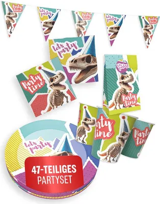 Produktbild von Dino Skelett Partyset 47-teilig – Teller Becher Servietten Wimpel Geschenktüten