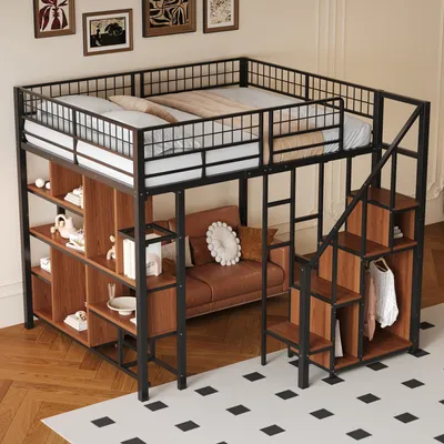 Obrázek produktu pro okwish Patrová postel, kovová postel 140x200 cm s úložným prostorem, odkládacími plochami a schody, postel pro dospělé s ochranou proti pádu, dětská postel, Černá