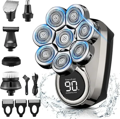 Produktbild von Herrenrasierer für Glatzen – Verbesserter 8D-Rasierer für Männer mit Glatze, 6-in-1-Rotationstrimmer für Glatzen mit LCD-Display, Nass- und Trockenrasierer für Männer, IPX7-wasserdicht